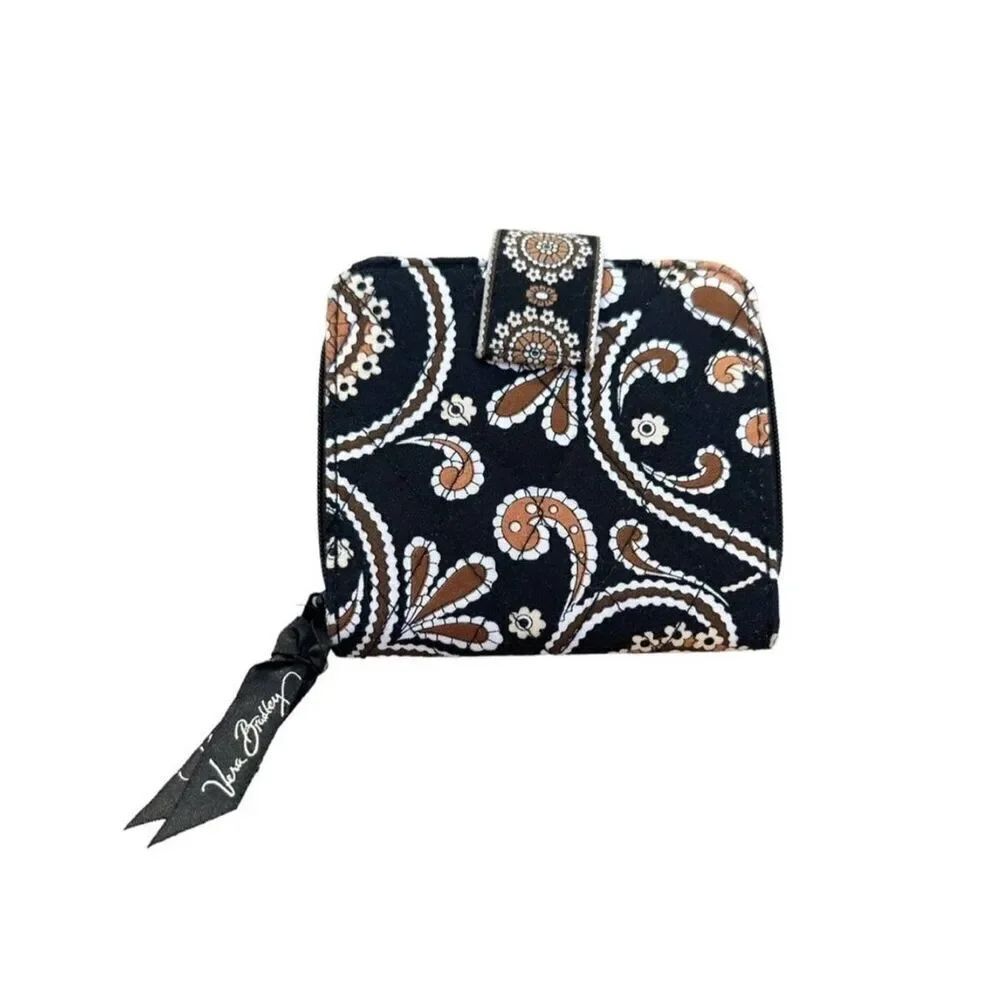 Vera Bradley CAFFE LATTE Wallet Womens Quilted Mini Zip Wallet Paisley Black Bro